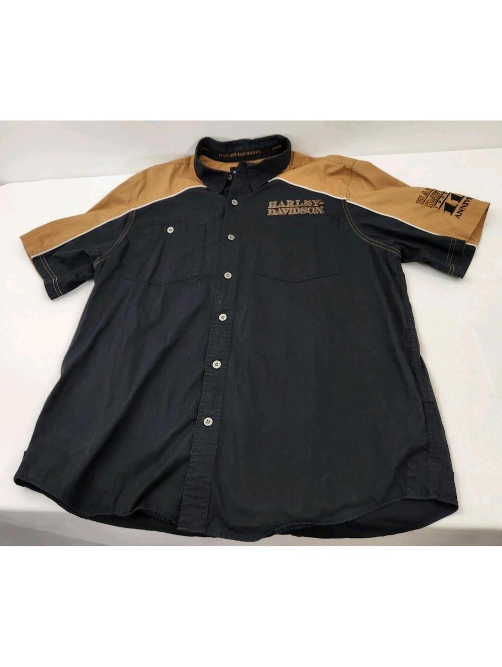 Harley-Davidson Motorcycles 110th Anniversary Shirt Men's XL Black Tan Button Up